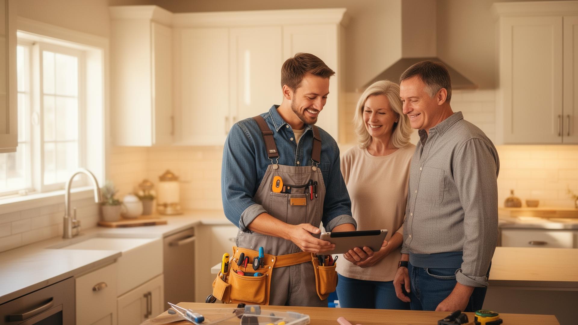 Contractor showing a tablet design to a homeowner couple in a bright kitchen