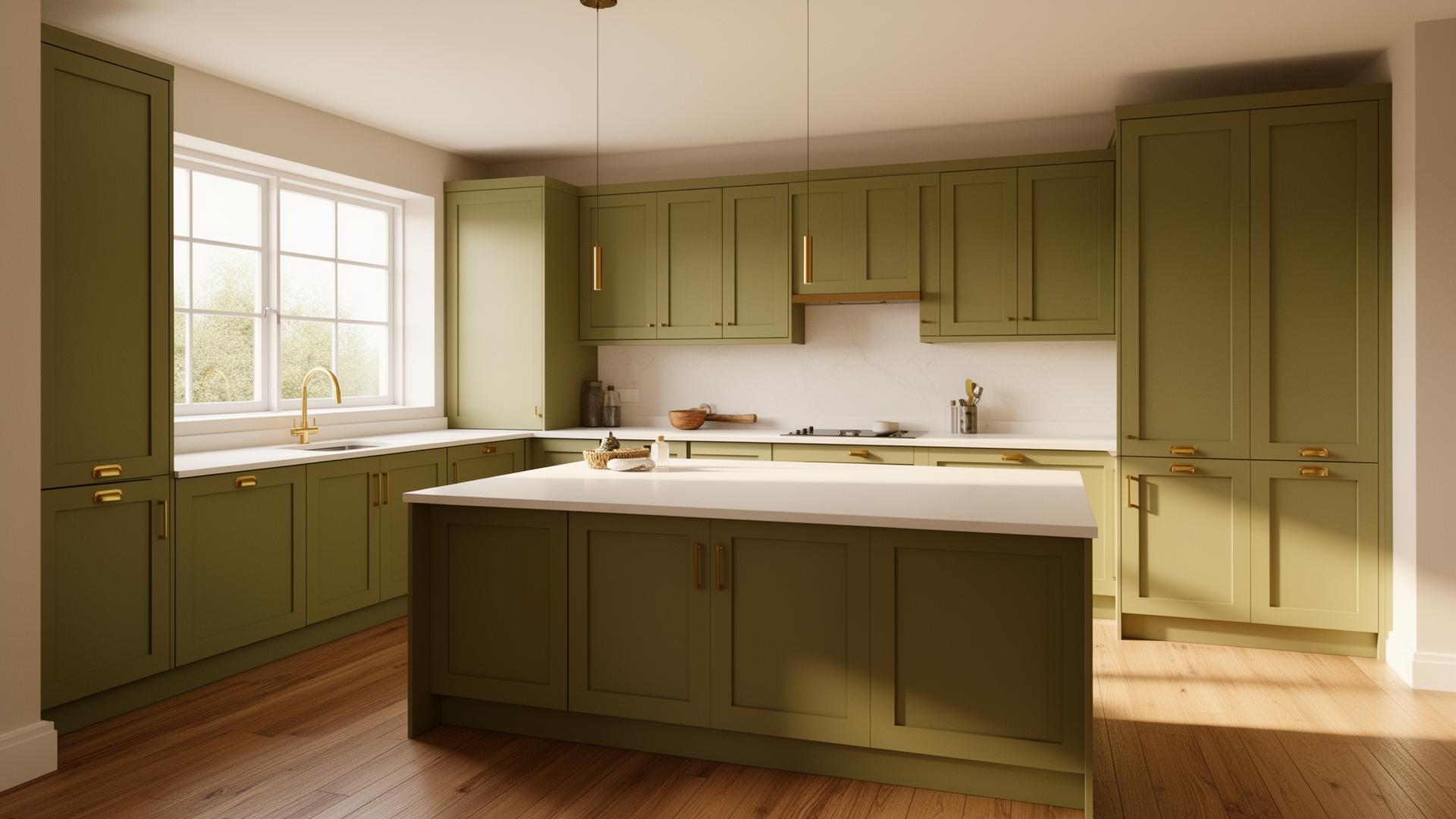 Photorealistic render of a finished olive-green kitchen with brass pulls